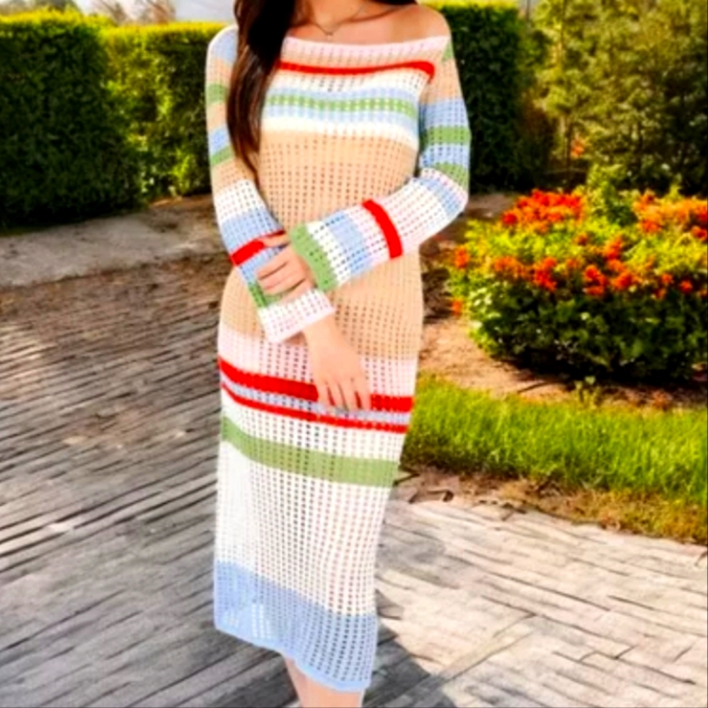 Boho Multicolor Striped Crochet  Knit Maxi Dress Cover-up